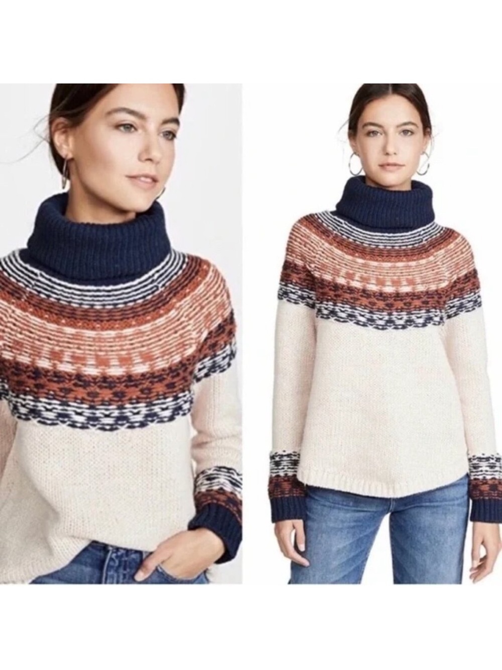 Madewell Cream Fair Isle Turtleneck Sweater with Navy Yoke